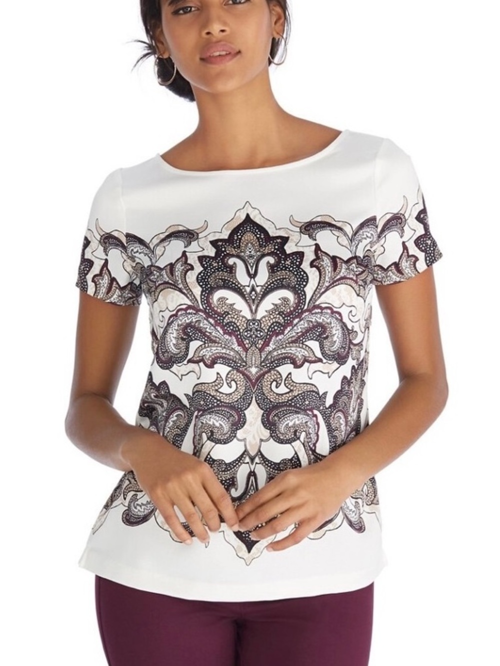 WHBM BURGUNDY & BLACK SHORT SLEEVE PRINTED TOP